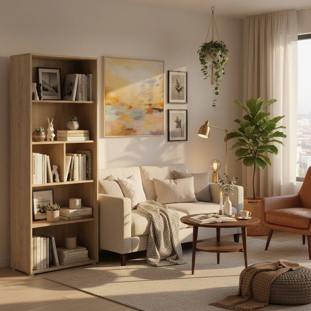 Left. FurniFact - 6-Shelf Bookcase with Adjustable Storage Shelves for Office Use - Brown.
