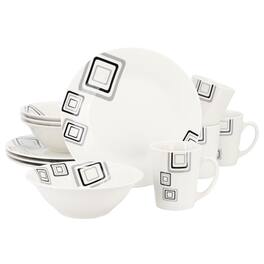 Gibson - Home Black Squares 12 Piece Round Fine Ceramic Dinnerware Set - White