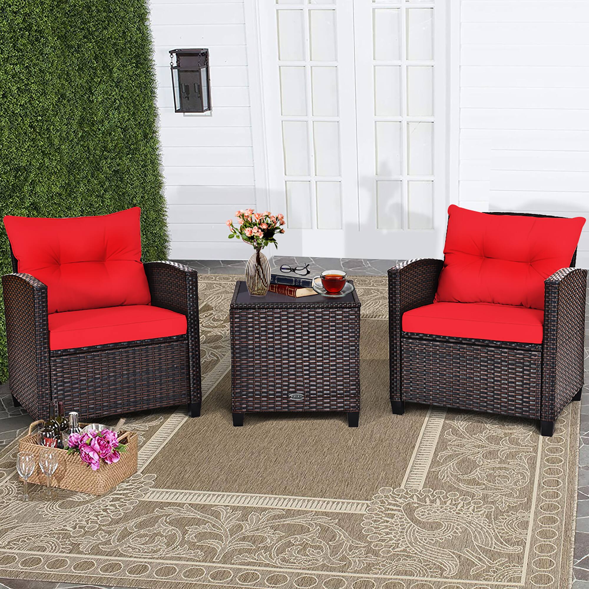 Alt View 1. Costway - 3PCS Patio Rattan Furniture Set Cushion Conversation Set Sofa Coffee Table - Red.