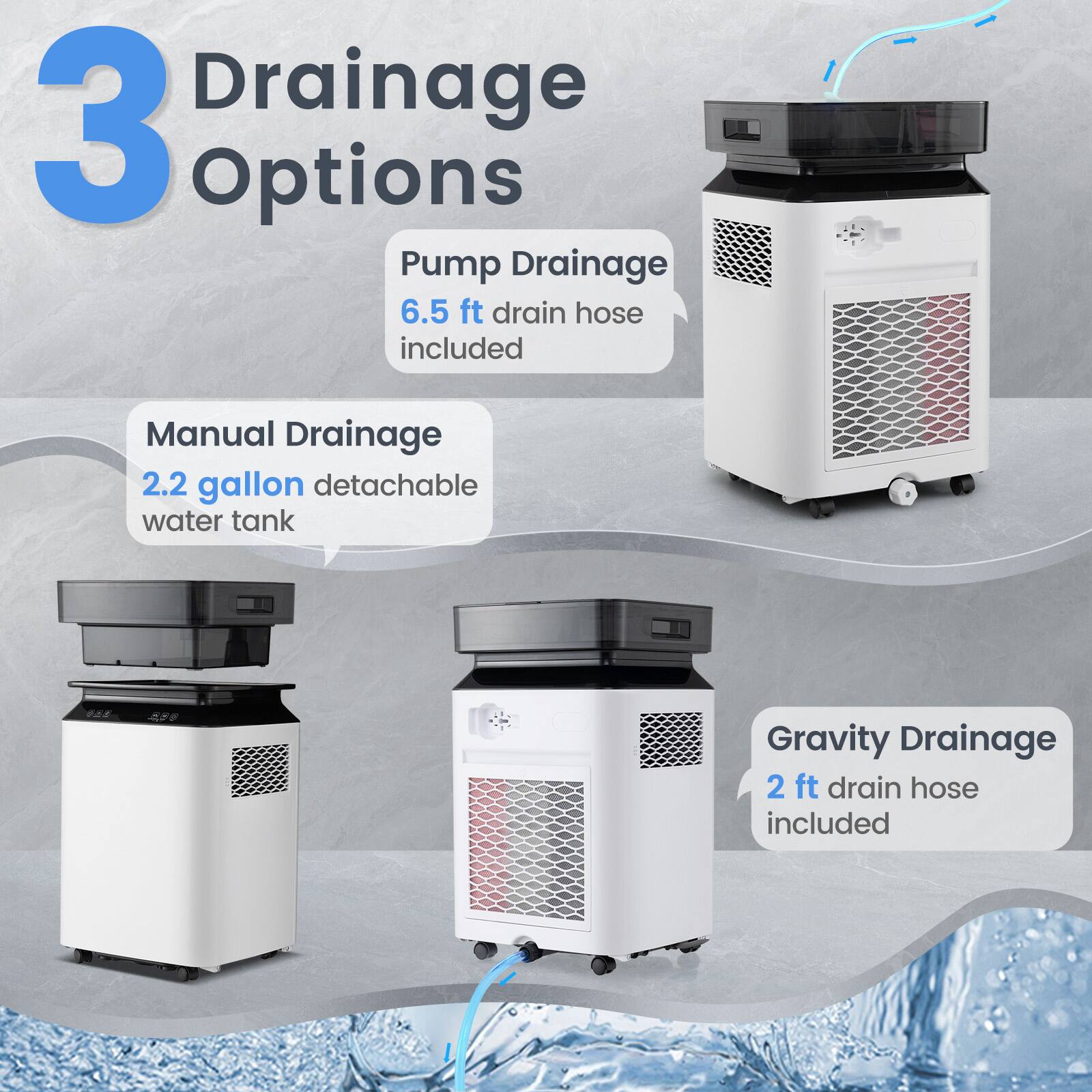 3 Drainage Options

- Pump Drainage
  - 6.5 ft drain hose included

- Manual Drainage
  - 2.2 gallon detachable water tank

- Gravity Drainage
  - 2 ft drain hose included
