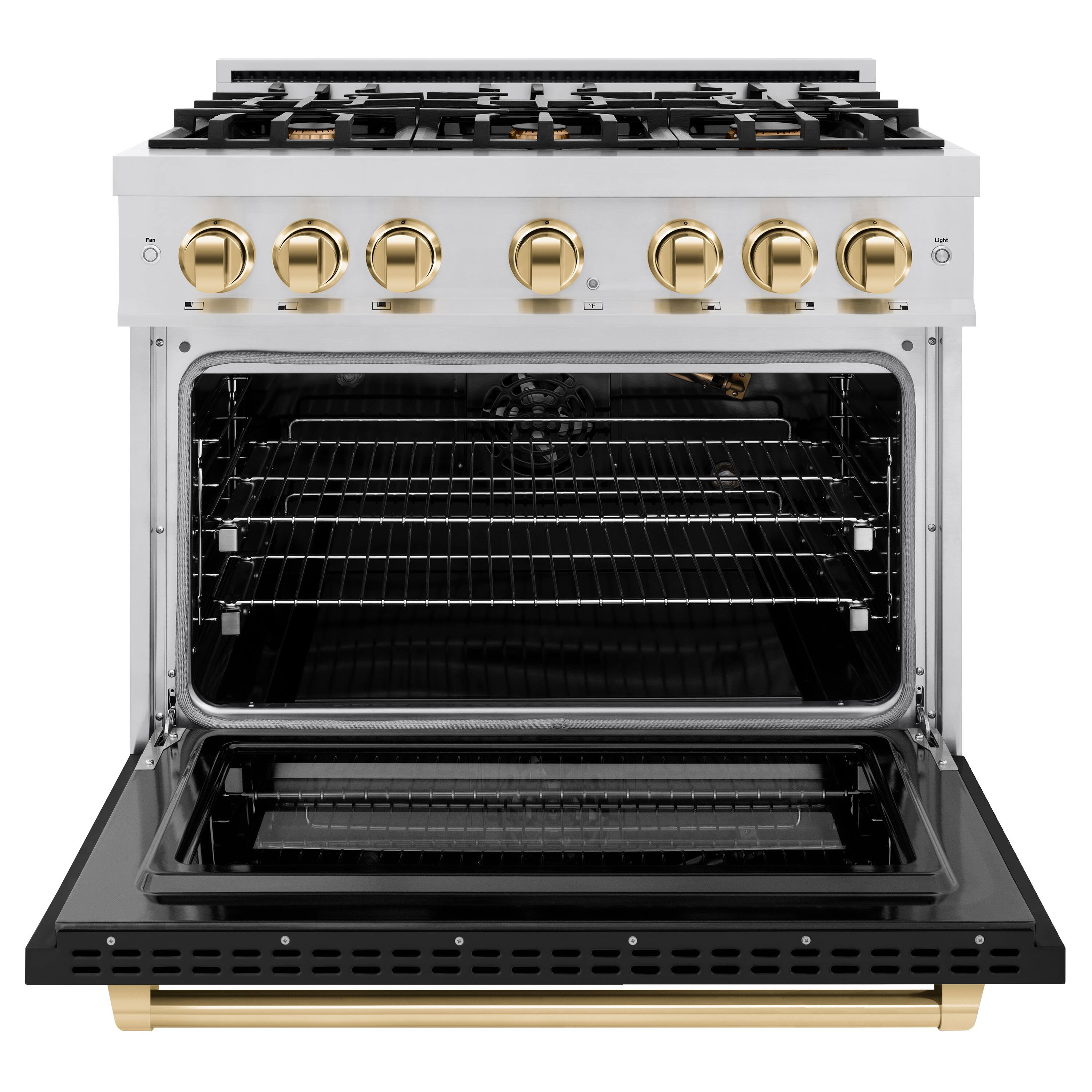 Left. ZLINE - ZLINE Autograph 36" Freestanding Select Gas Range w/ 6 Burners w/ Black Door & Gold Accents (HGRZ-BLM-36-G) - Stainless Steel.