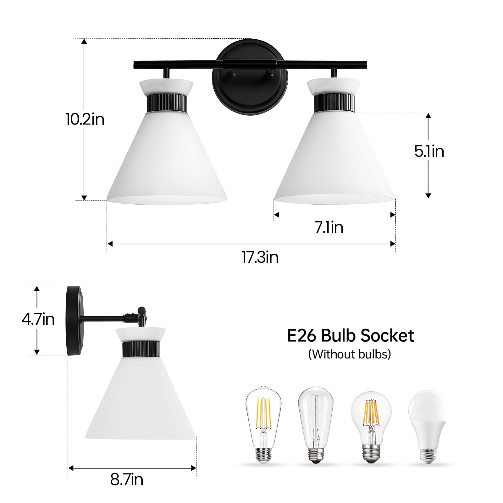 10.2in  
5.1in  
7.1in  
17.3in  
4.7in  
8.7in  

E26 Bulb Socket (Without bulbs)