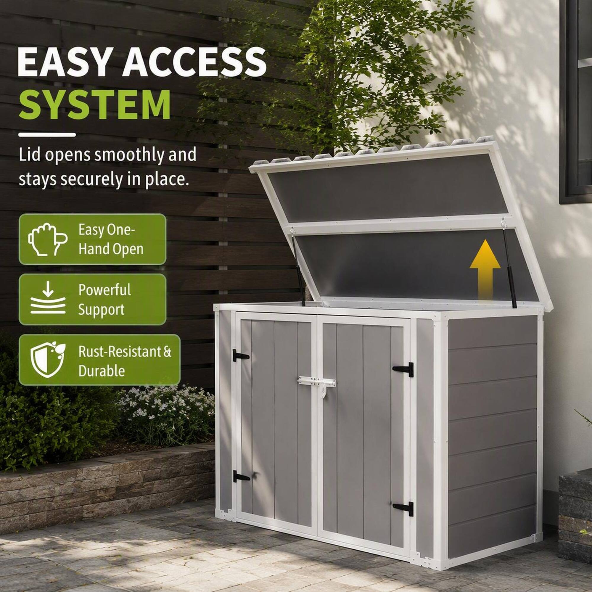 EASY ACCESS SYSTEM

Lid opens smoothly and stays securely in place.

- Easy One-Hand Open
- Powerful Support
- Rust-Resistant & Durable