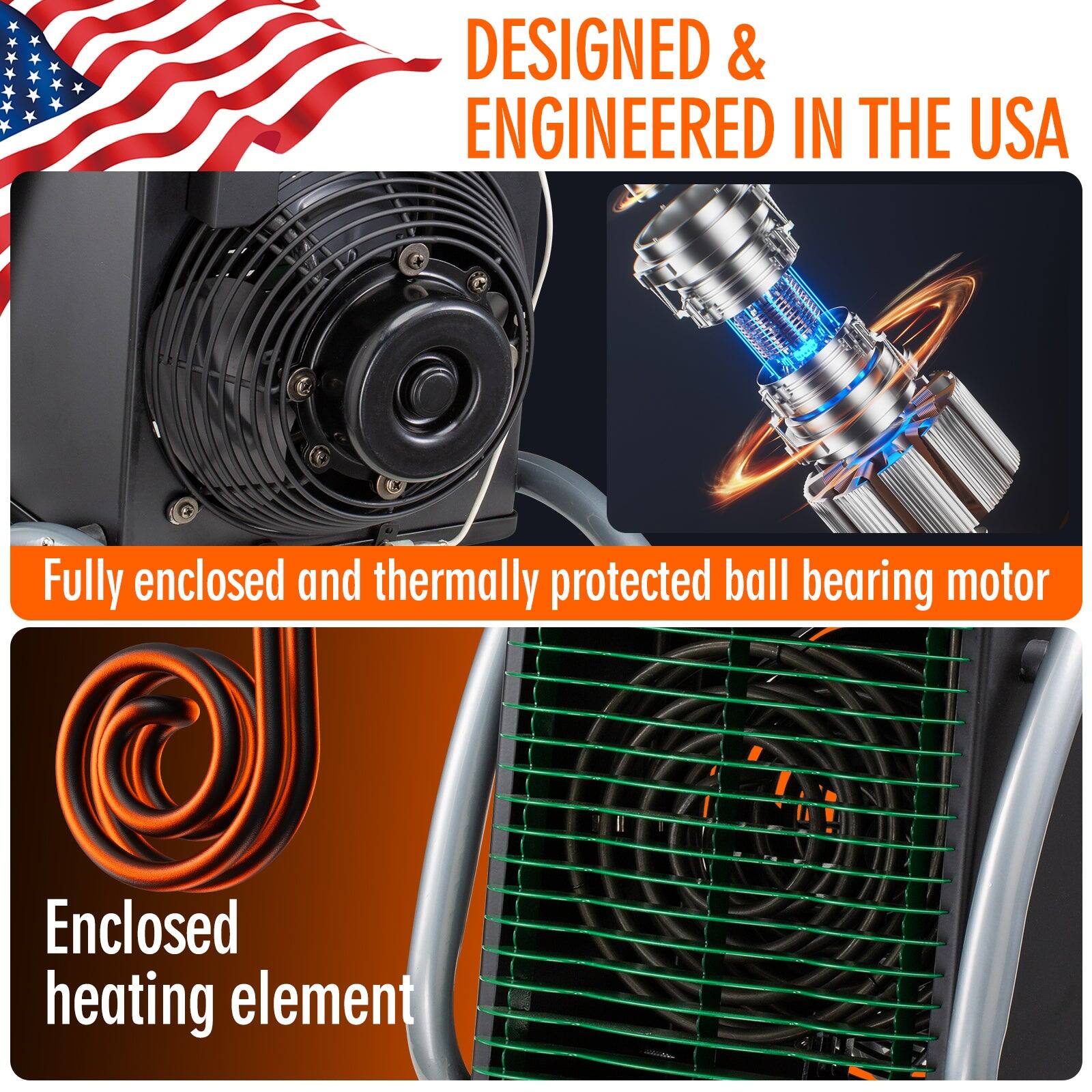 DESIGNED & ENGINEERED IN THE USA

Fully enclosed and thermally protected ball bearing motor

Enclosed heating element