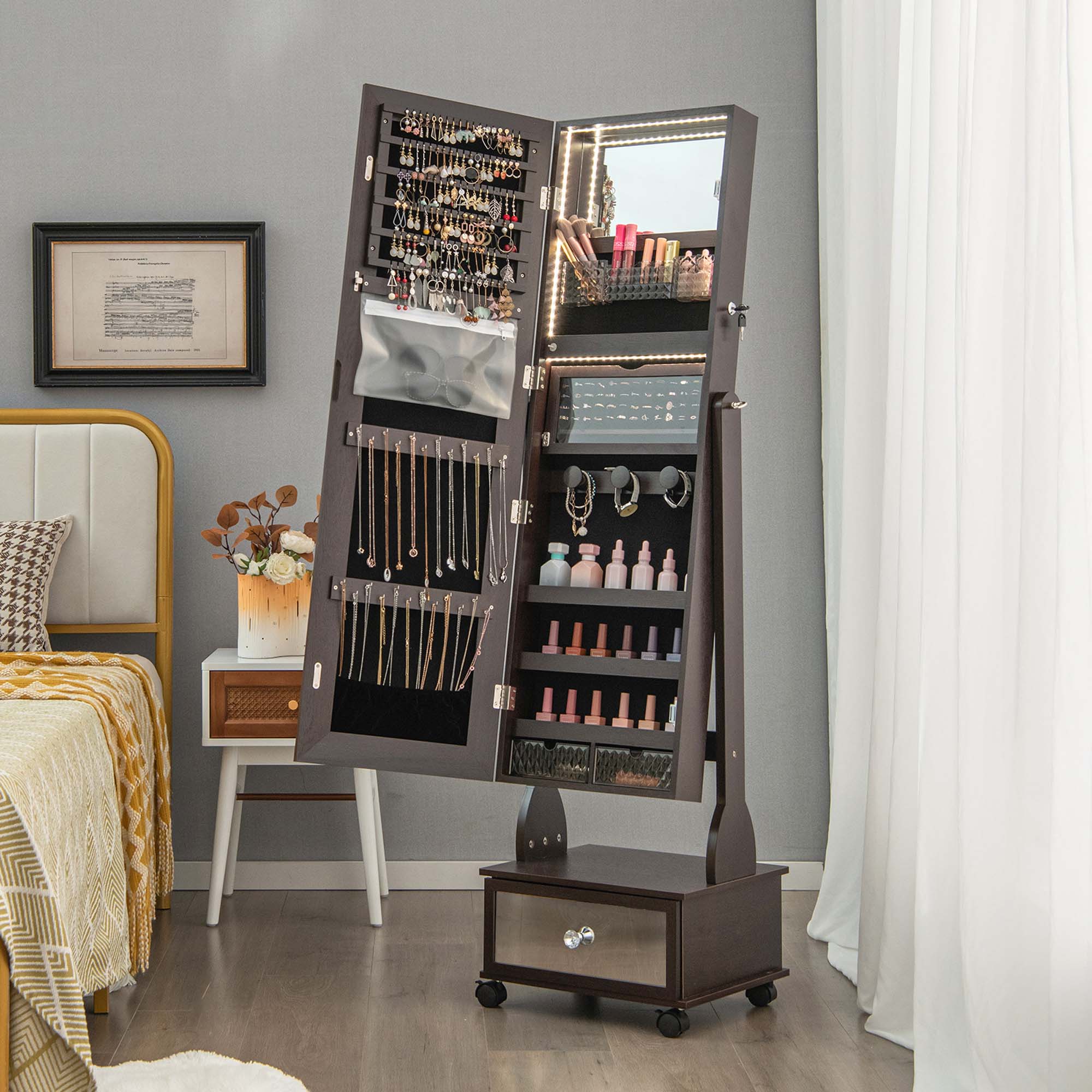 Angle. Costway - Jewelry Cabinet Armoire Full-Length Mirror Lockable with 3-Color LED Lights Brown - Brown.