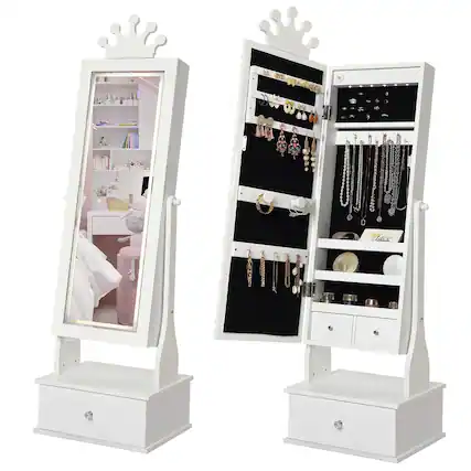 Front. Acekool - Kids Jewelry Armoire with Full-Length LED Mirror,Freestanding Princess Vanity Cabinet, 3 Drawers - White.