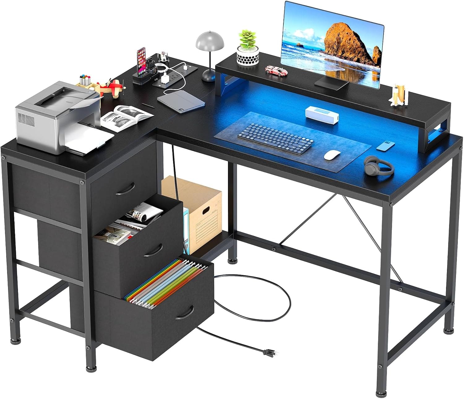 GARVEE - Large Corner Computer Desk with Drawers & Monitor Stand, PC Table for Home Office and Bedroom - Black