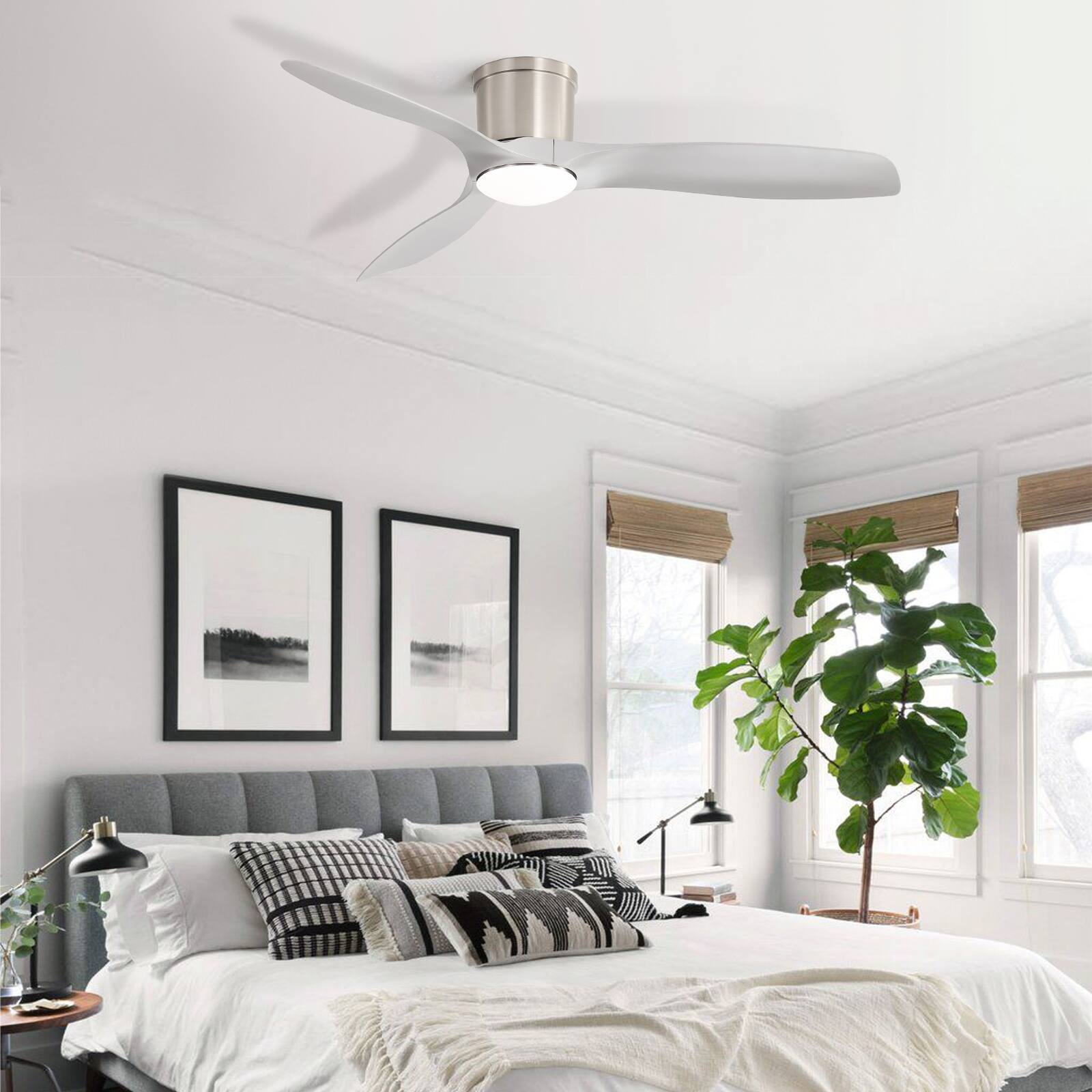 Alt View 5. Sofucor - 52 Inch Modern Flush Mount Ceiling Fan with 3 ABS Blades & APP/Remote Control Dimmable 6-Speed 3-Timer Reversible DC - Nickel.