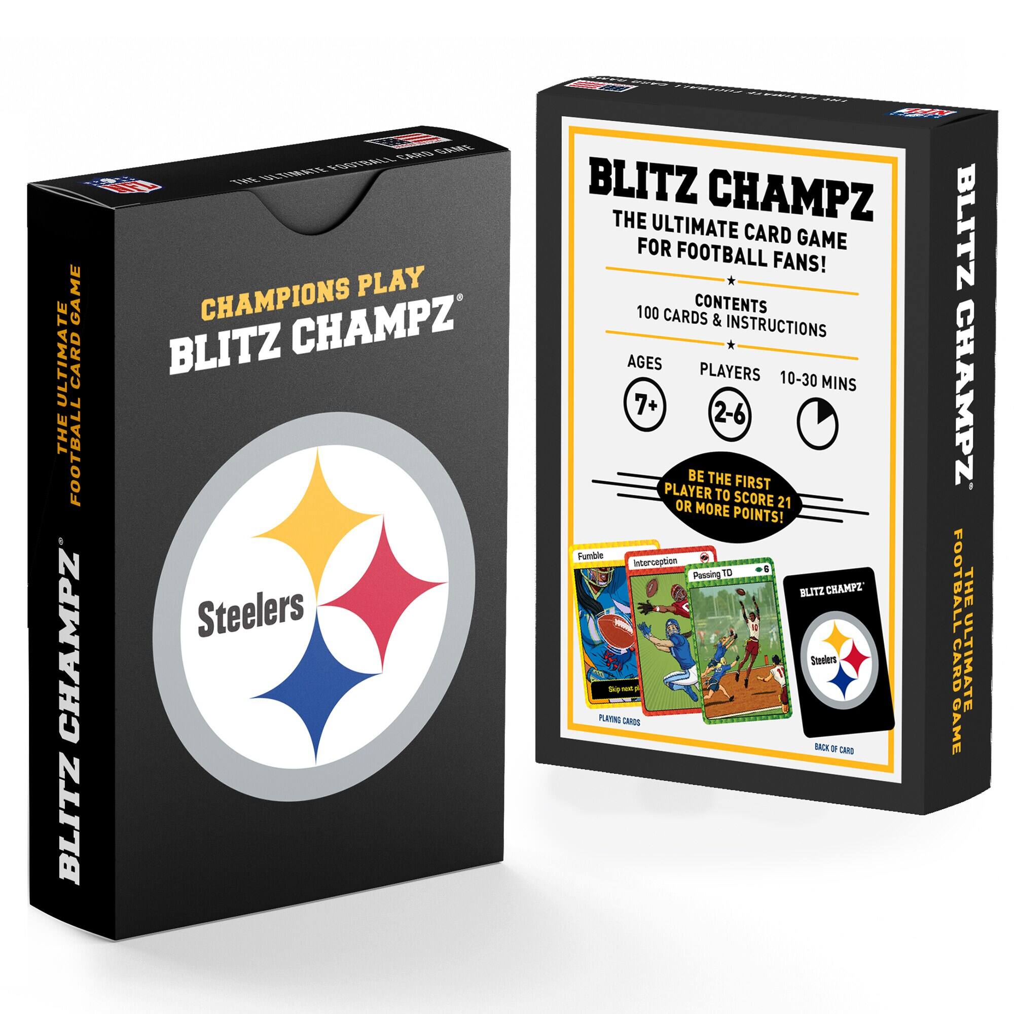 **Front of the Box:**

- **Champions Play**
- **Blitz Champz**
- **Steelers**
- **The Ultimate Card Game for Football Fans!**
- **100 Cards & Instructions**
- **Ages 7+**
- **Players 2-6**
- **10-30 Mins**

**Back of the Box:**

- **Blitz Champz**
- **The Ultimate Card Game for Football Fans!**
- **Contents:**
  - 100 Cards & Instructions
- **Ages:**
  - 7+
- **Players:**
  - 2-6
- **10-30 Mins**
- **Be the First Player to Score 21 or More Points!**
- **Fumble**
- **Interception**
- **Passing to 10**
- **Playing Cards**
- **Back of Card**
- **Blitz Champz**
- **Steelers**
- **The Ultimate Card Game for Football Fans!**