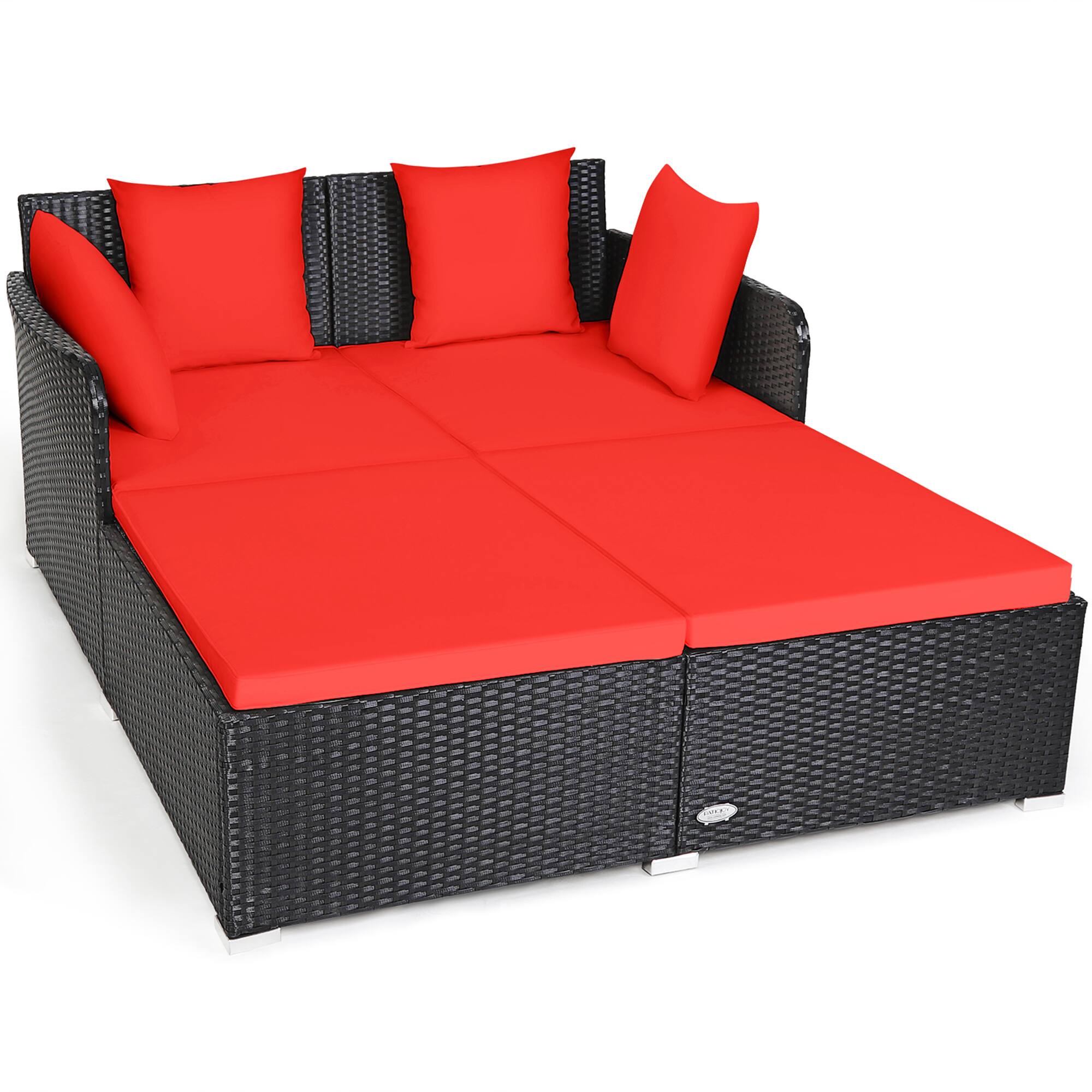 Alt View 8. Gymax - Gymax Rattan Patio Daybed Loveseat Sofa Yard Outdoor w/ Red Cushions Pillows - Red.