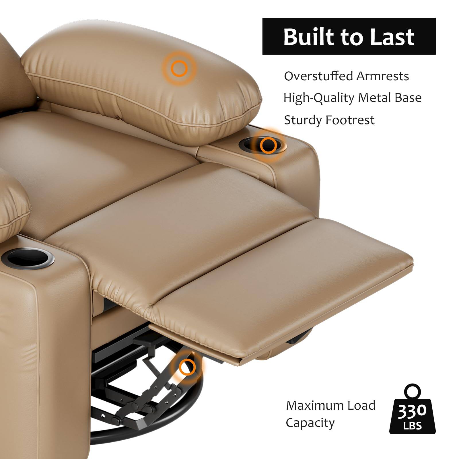 Built to Last  
Overstuffed Armrests  
High-Quality Metal Base  
Sturdy Footrest  

Maximum Load Capacity: 330 LBS
