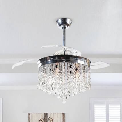 Front. Parrot Uncle - 42" Modern Chrome Crystal Ceiling Fan Chandelier with Remote - Chrome.