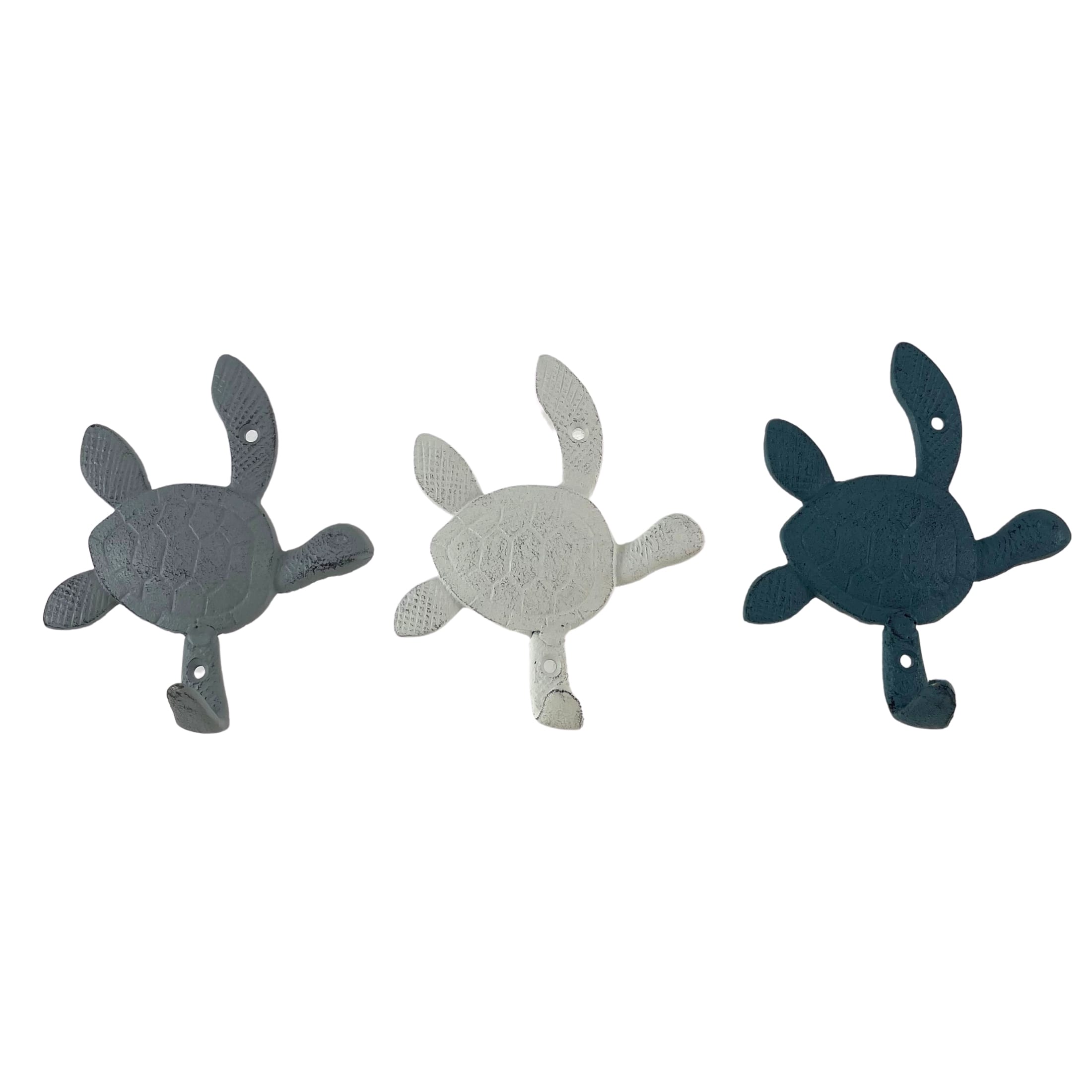 Zeckos - Cast Iron Sea Turtle Wall Hook Set – Blue, Gray, White, Indoor/Outdoor Use - Multicolored