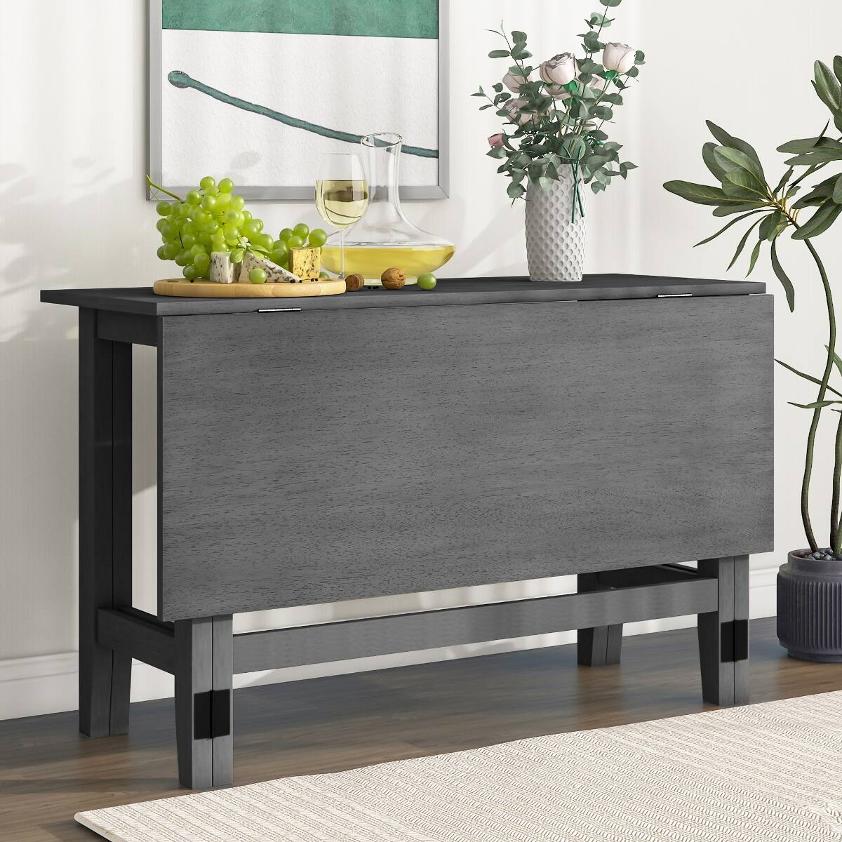 Loheer - Farmhouse Dining Table, Extendable Drop Leaf Design for Small Spaces - Gray