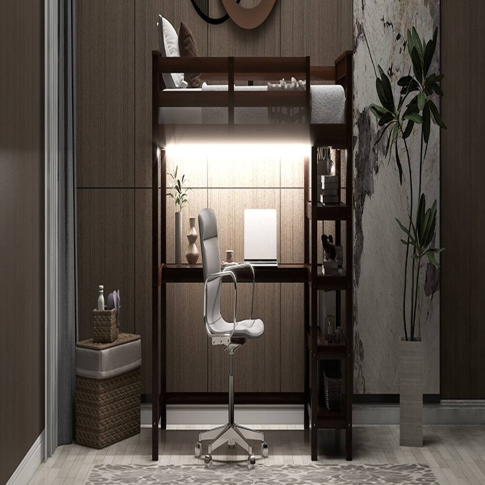 Alt View 6. Loheer - Loheer Twin Size Loft Bed with Desk and Storage Shelves, Espresso Wood Loft Bed with LED Lights - Espresso.