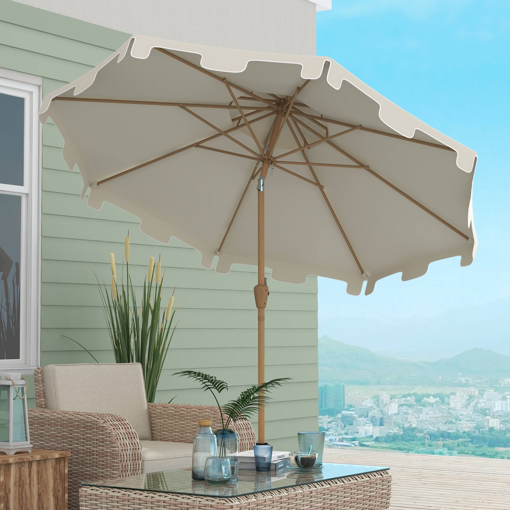 Angle. Outsunny - 9' Patio Umbrella with Push Button Tilt and Crank, Double Top Ruffled Outdoor Market Table Umbrella with 8 Ribs - Cream White.