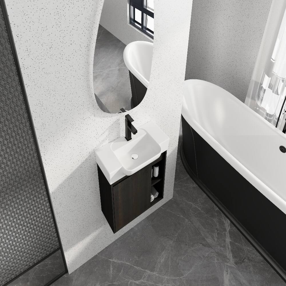 Alt View 3. Loheer - Loheer 24 inch wall mounted bathroom vanity dark oak floating vanity with white ceramic sink - Dark Oak.
