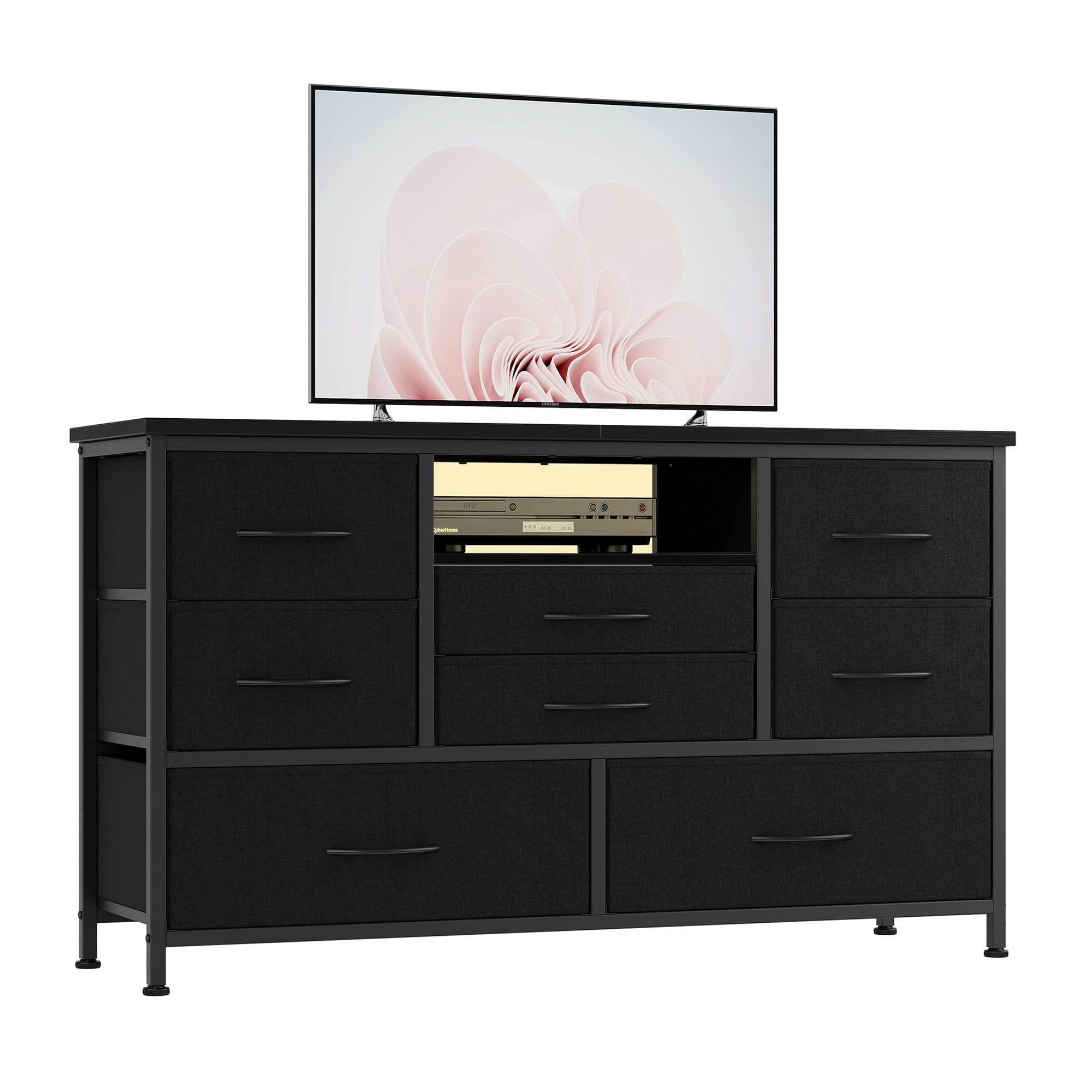 GARVEE - TV Stand for Bedroom, Rustic LED Dresser with 8 Drawer and Power Outlet for 55'' TV, Wood Top Console Table, Open Shelf - Black