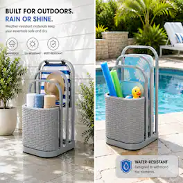 SUNJOY - 16 in Pool Float Storage Rack, Rust-Proof Aluminum & Wicker Frame, Poolside Organizer for Floaties & Toys, Grey