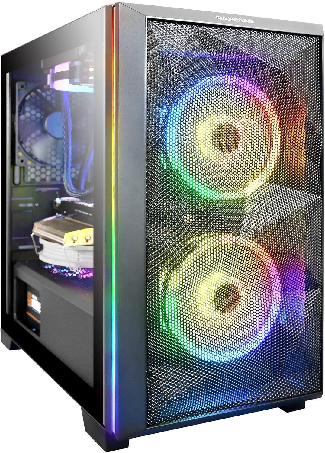 Front. GAMDIAS - Athena M2 LITE ATX RGB Micro Tower Case, 120mm ARGB Fans, Seamless Tempered Glass, Mesh Front Panel with Color Lighting - Black.