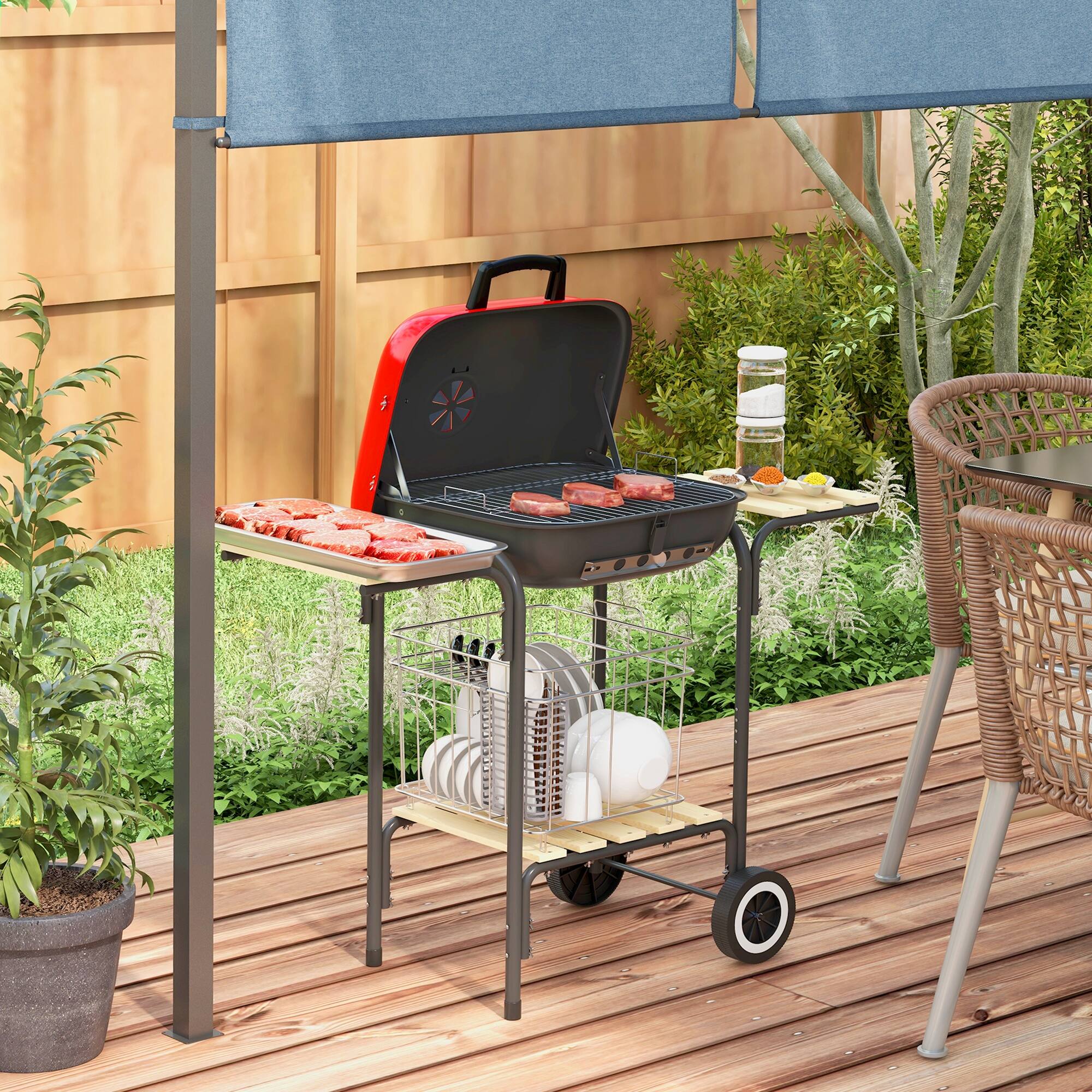 Alt View 1. Outsunny - 17" Portable Charcoal Grill with Wheels, 2 Side Tables and Bottom Shelf, BBQ with Adjustable Vents on Lid for Picnic - Red.