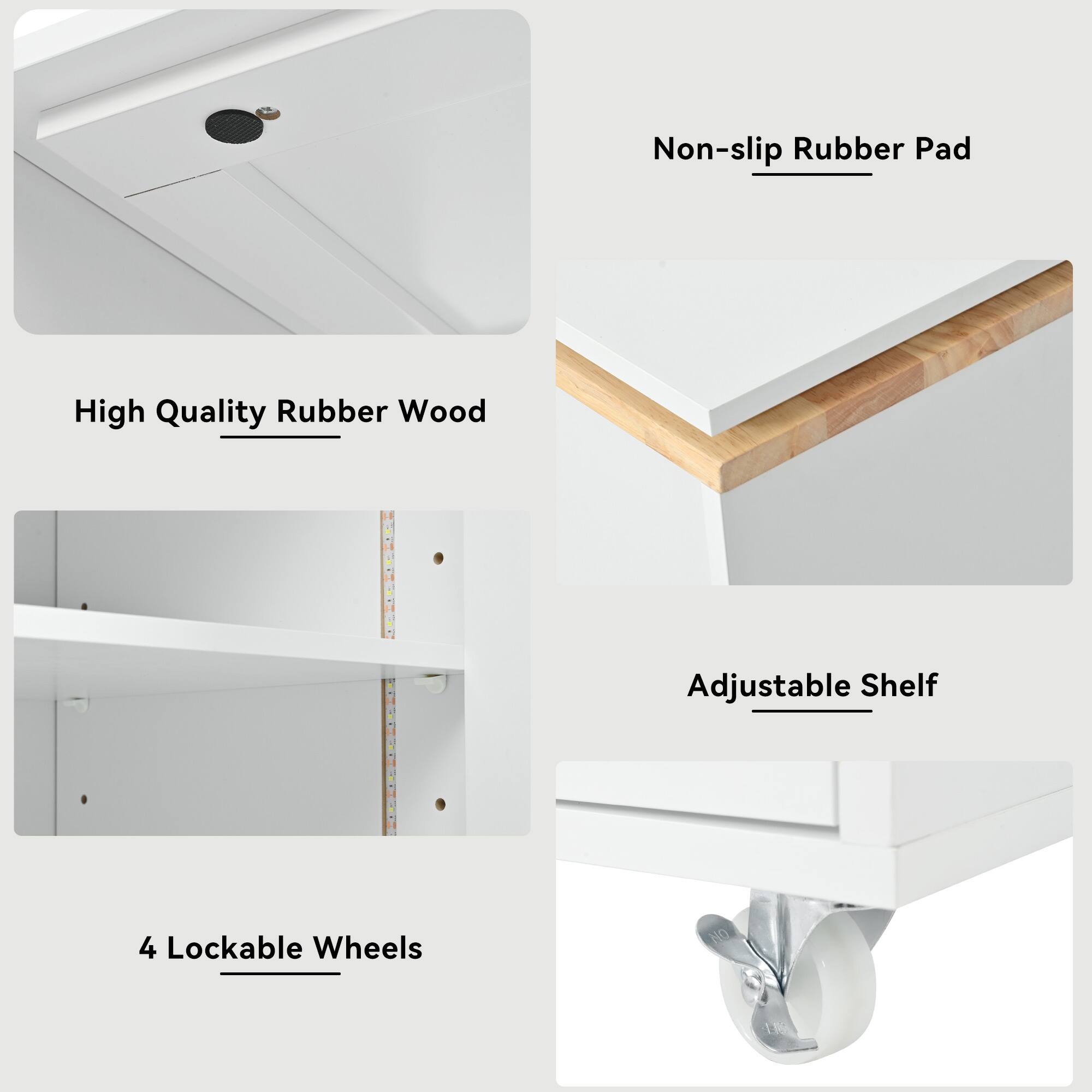 - High Quality Rubber Wood
- Non-slip Rubber Pad
- 4 Lockable Wheels
- Adjustable Shelf