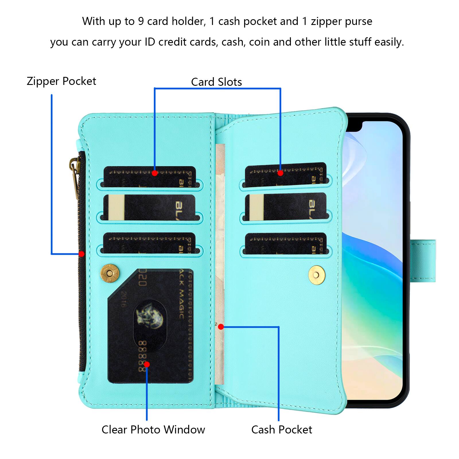 With up to 9 card holders, 1 cash pocket, and 1 zipper purse, you can carry your ID, credit cards, cash, coin, and other little stuff easily.

Zipper Pocket
Card Slots
BL
2016
020 88888
ACK MAGIC
Clear Photo Window
Cash Pocket