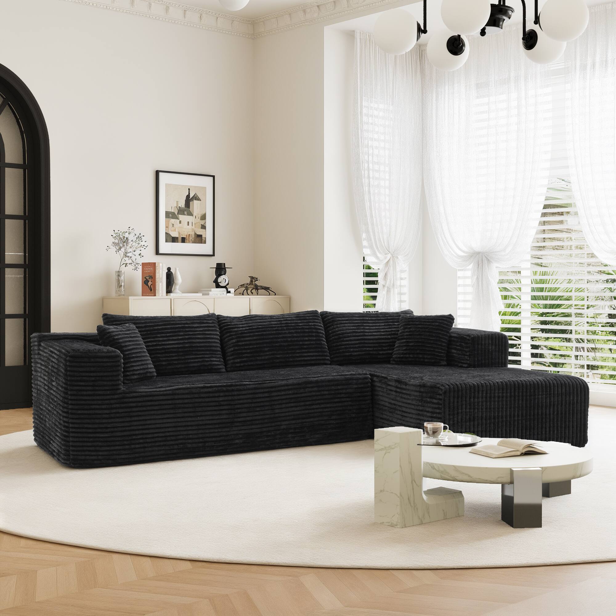Alt View 7. FUFU&GAGA - Modular Corduroy L-Shaped Sectional Sofa with Chaise, High-Density Foam Cushions and Matching Pillows - Black.