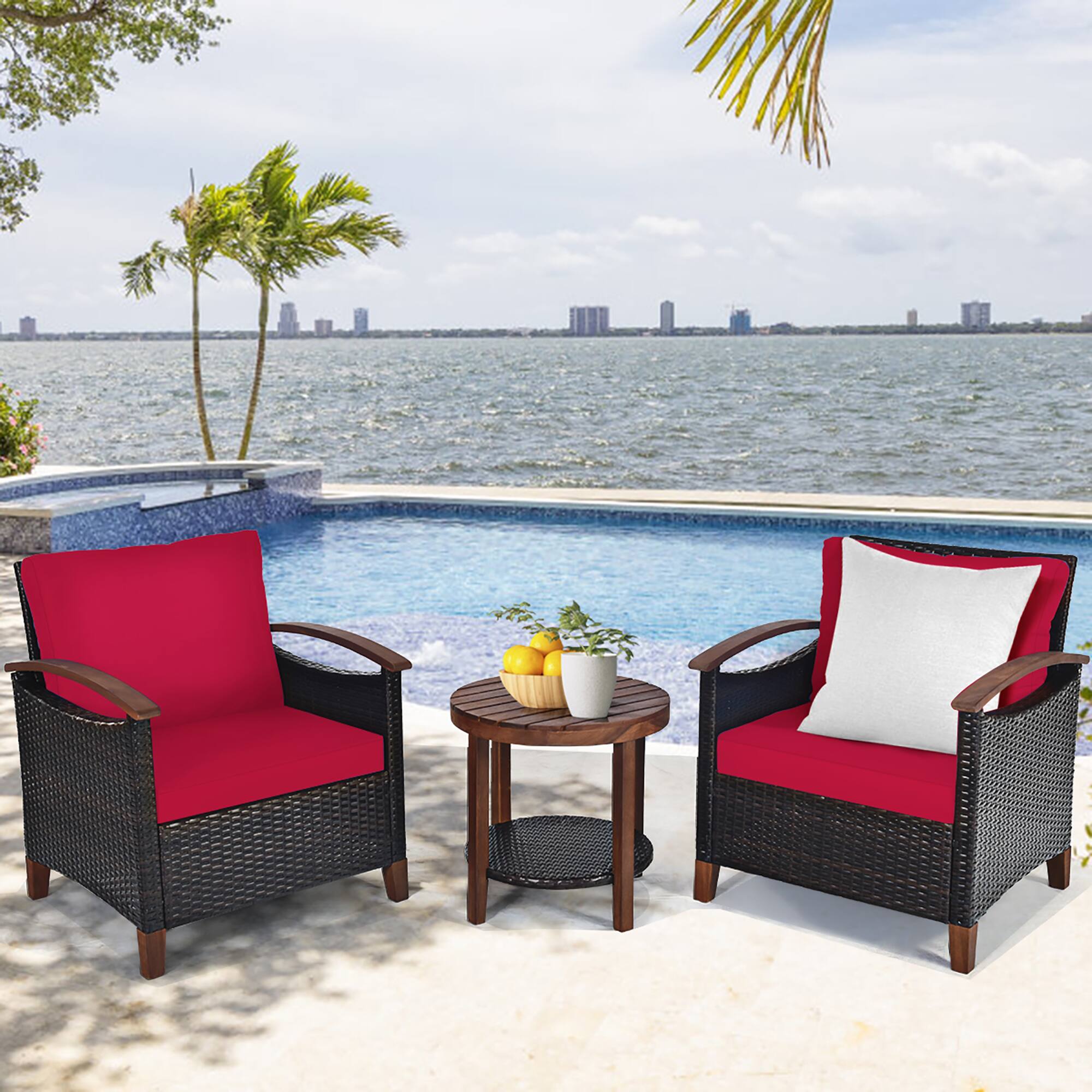 Alt View 3. Costway - Costway 3PCS Patio Rattan Furniture Set Wooden Frame Cushion Table Shelf - Red.