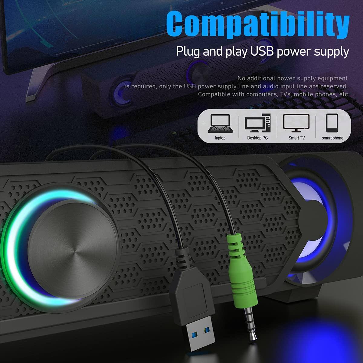 Compatibility  
Plug and play USB power supply  

No additional power supply equipment is required. Only the USB power supply line and audio input line are reserved. Compatible with computers, TVs, mobile phones, etc.  

- Laptop  
- Desktop PC  
- Smart TV  
- Smart phone