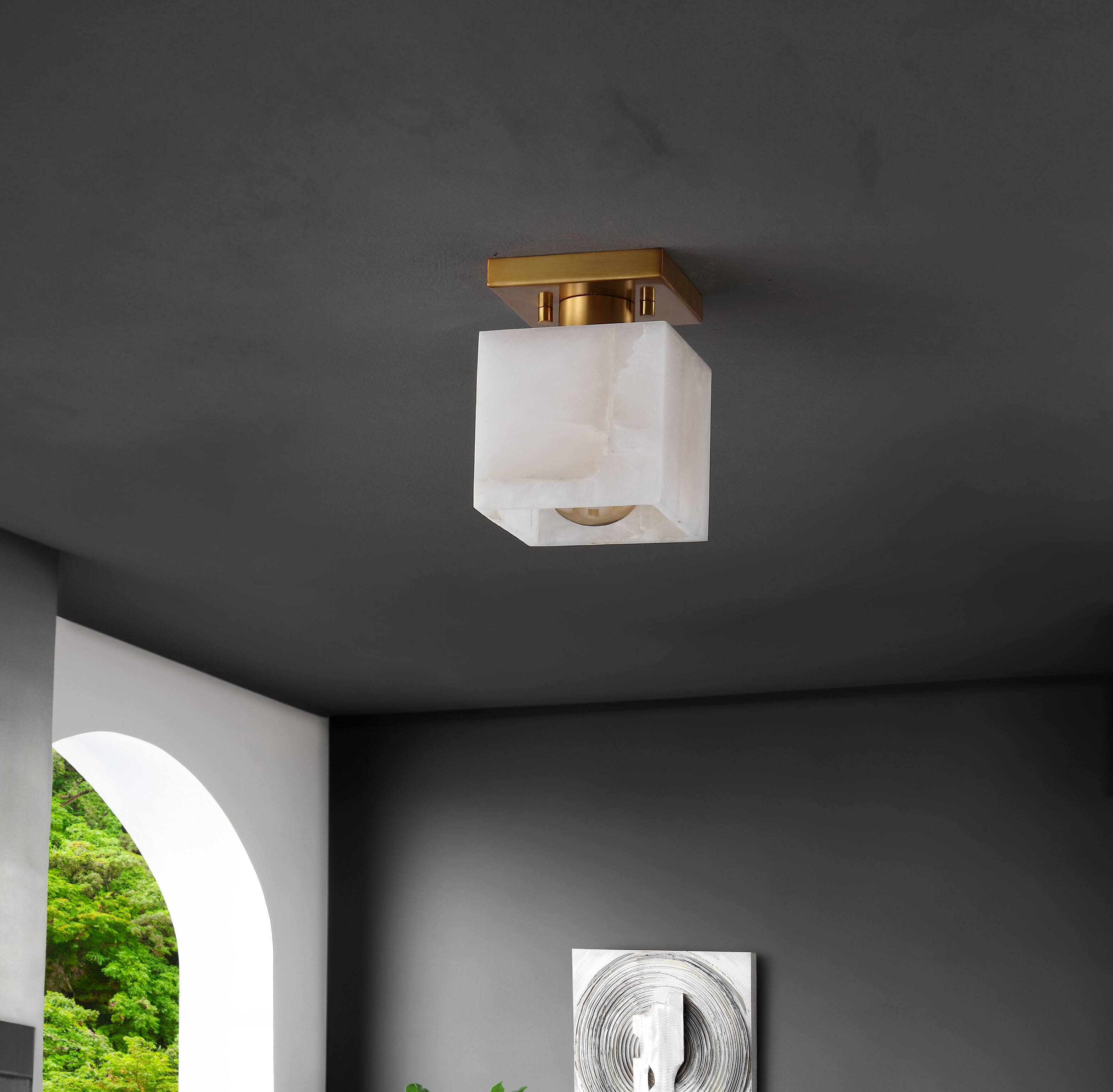 Alt View 5. Jonathan Y - Alessia 5" 1-Light Modern Contemporary Alabaster/Iron Cube LED Semi Flush Mount, White Marbling/Brass Gold - White Marbling/Brass Gold.