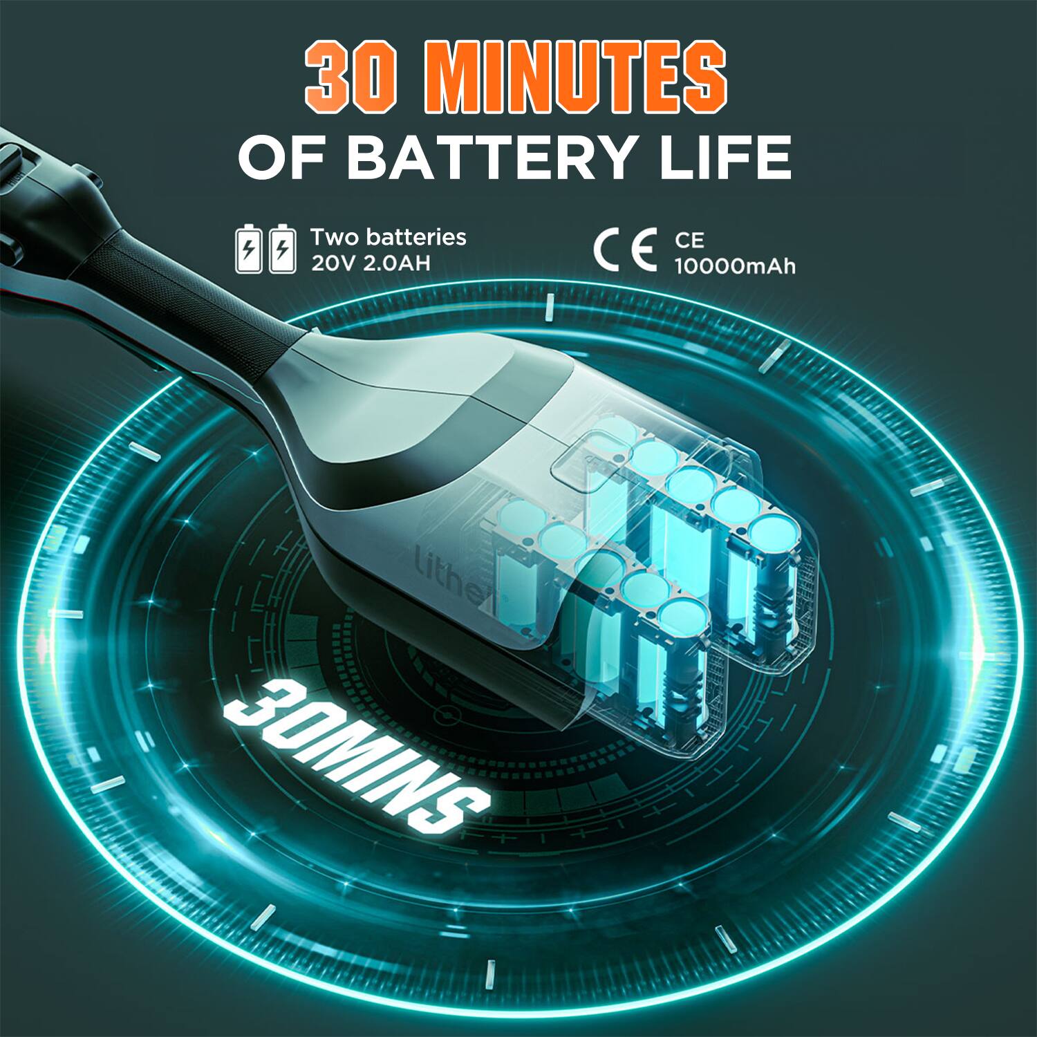 30 MINUTES OF BATTERY LIFE, Two batteries 20V 2.0AH, CE 10000mAh, Lithel 30MINS