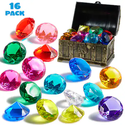 Front. Joyfy - 16 Pcs Diving Pool Toys, 16 Big Colorful Diamond Gems with Pirate Treasure Chest, Swimming Dive Toy for Kids Adventure.
