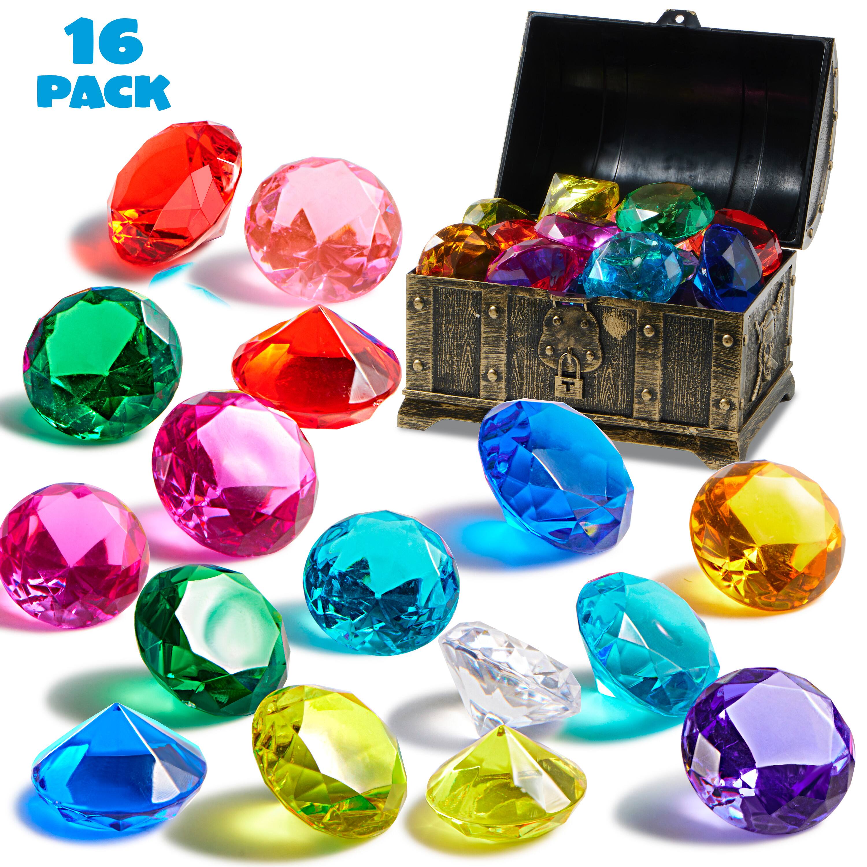 Front. Joyfy - 16 Pcs Diving Pool Toys, 16 Big Colorful Diamond Gems with Pirate Treasure Chest, Swimming Dive Toy for Kids Adventure.