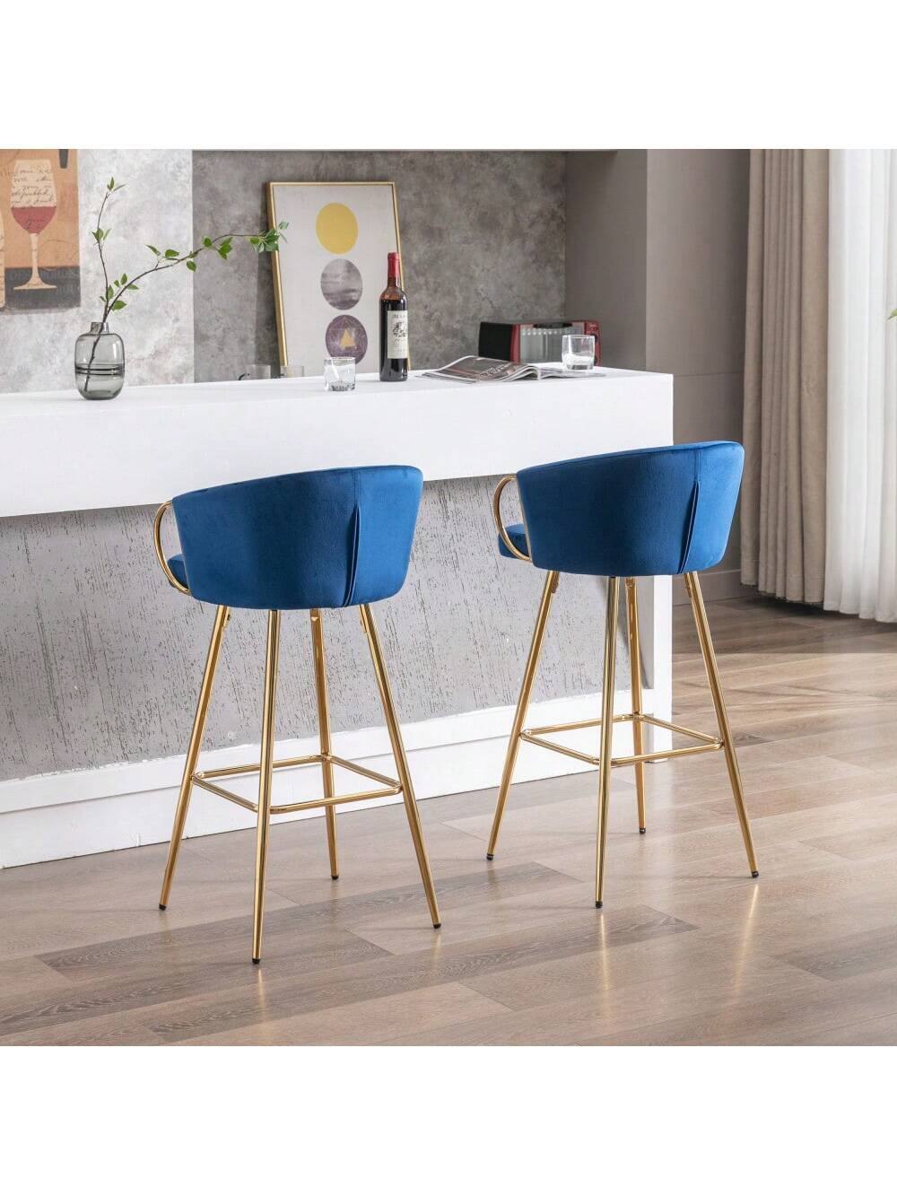 Alt View 1. Trinkets Crazed - 26" Velvet Counter Stools Set Of 2, Luxury Bar Chair With Low Back and Gold Legs For Kitchen Island - Blue.