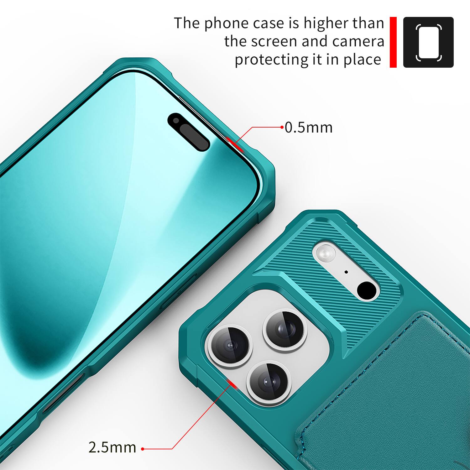 The phone case is higher than the screen and camera protecting it in place.  
0.5mm  
2.5mm