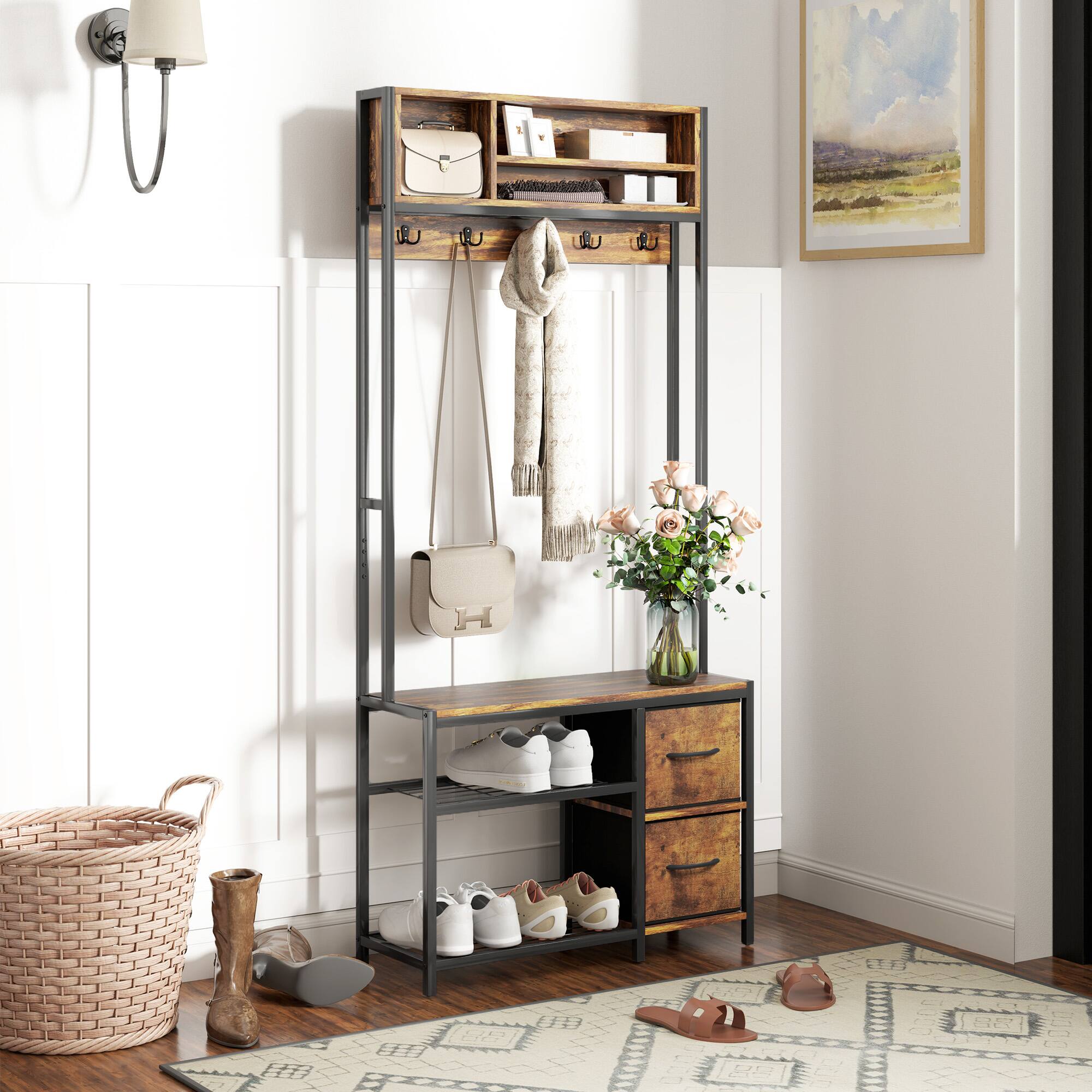 Alt View 1. Homcom - Hall Tree with Bench and Shoe Storage, 5-in-1 Entryway Bench with Coat Rack, 3 Storage Compartments, 5 Coat Hooks - Brown.