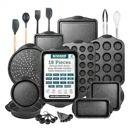 Bakken- Swiss - 18-Piece Kitchen Oven Baking Set: Nonstick Coating, Carbon Steel Bakeware, Silicone Handles, Dishwasher Safe - Gray Marble