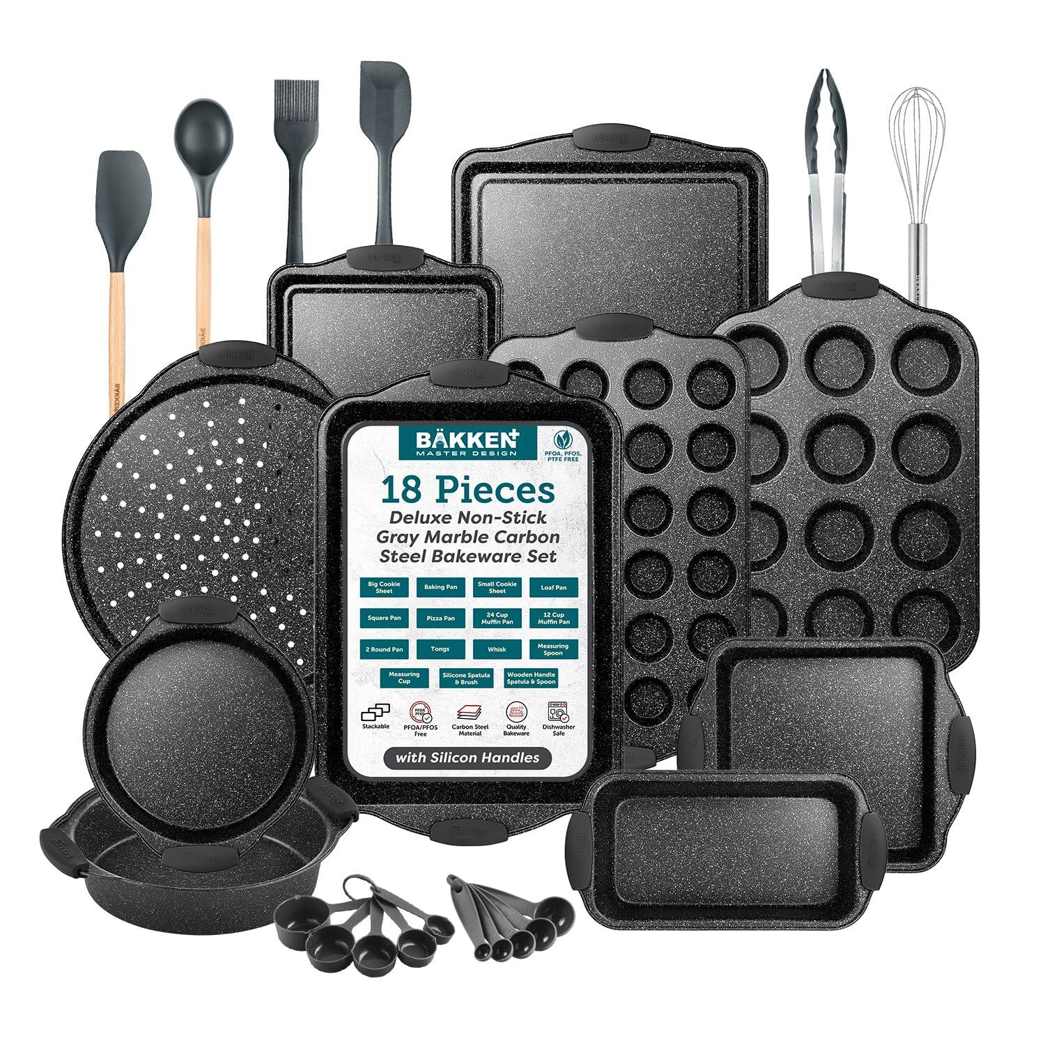 Bakken- Swiss - 18-Piece Kitchen Oven Baking Set: Nonstick Coating, Carbon Steel Bakeware, Silicone Handles, Dishwasher Safe - Gray Marble