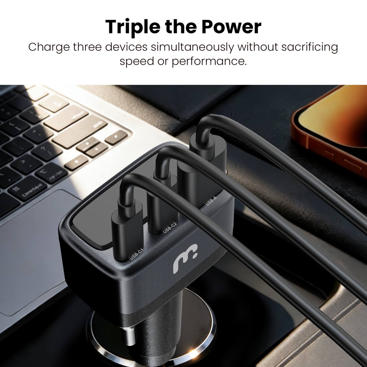 Triple the Power  
Charge three devices simultaneously without sacrificing speed or performance.  

USB-A  
USB-C1  
USB-C2