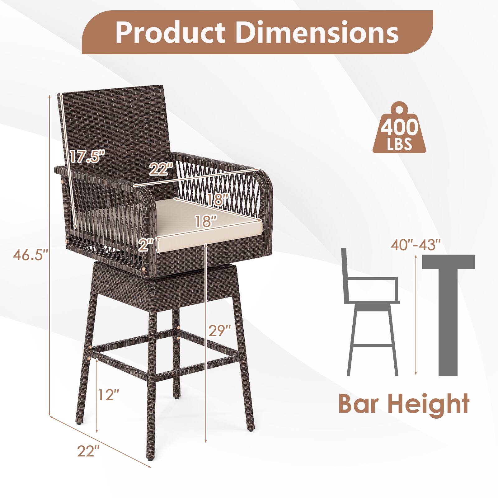 Product Dimensions

- 17.5"
- 22"
- 400 LBS
- 46.5"
- 12" 22"
- 2"
- 18" 18" 29"
- 40"-43" T Bar Height