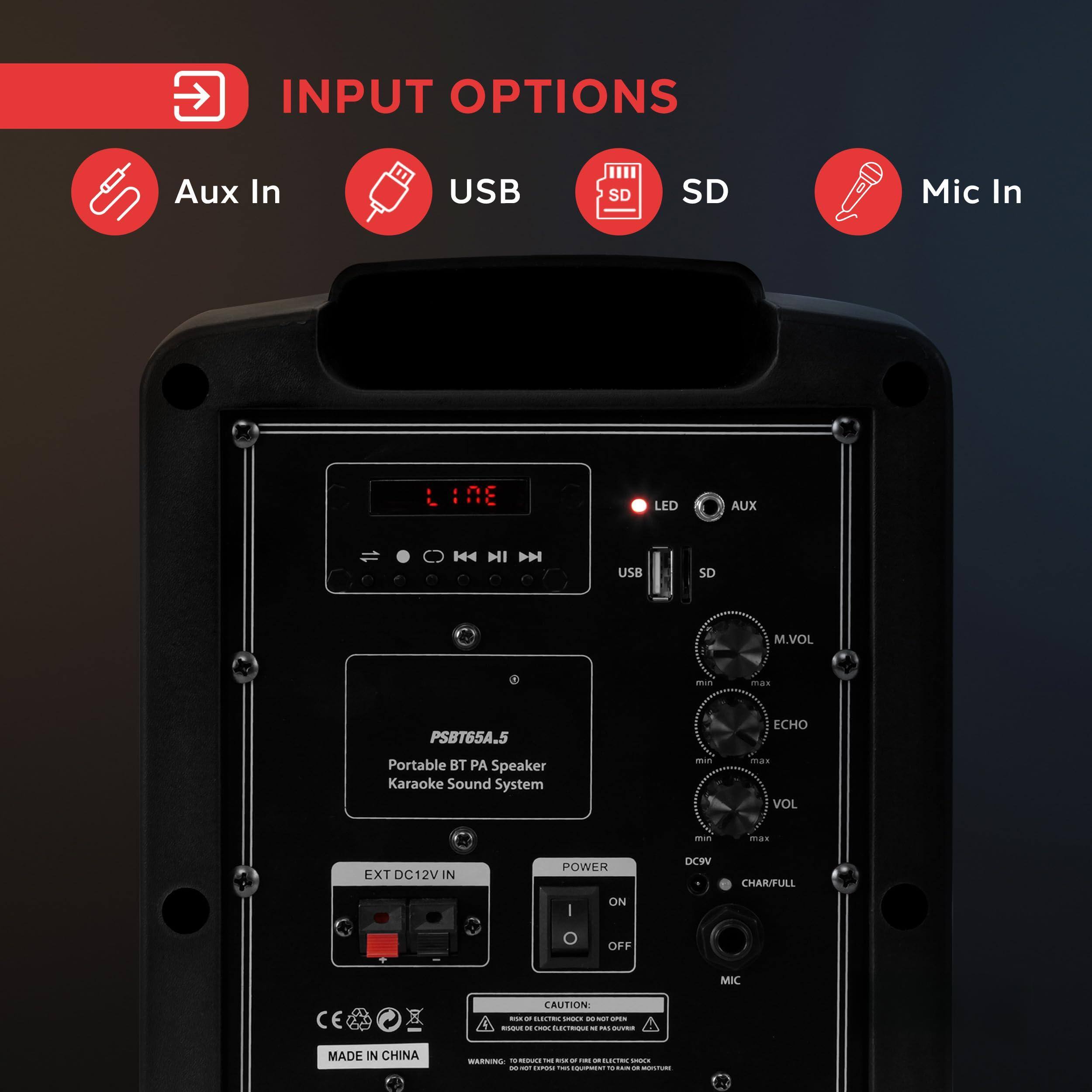 INPUT OPTIONS  
Aux In USB SD Mic In  

LED AUX H4 USB SD M.VOL ECHO VOL CHAR/FULL ON OFF MIC  

PSBT65A.5  
Portable BT PA Speaker Karaoke Sound System  

EXT DC12V IN  
POWER DC5V  
ON OFF  

MADE IN CHINA  

CAUTION:  
RISK OF ELECTRIC SHOCK DO NOT OPEN  
RISQUE DE CHOC ELECTRIQUE NE PAS OUVRIR