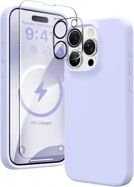 Entronix - Complete Protection Bundle for iPhone 15 Pro Max - Silicone Case, Screen & Camera Lens Protectors - Purple