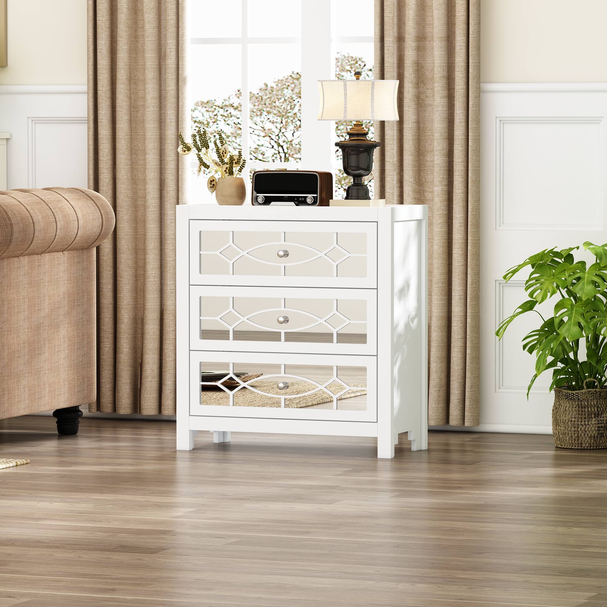 Alt View 5. Famapy - Famapy 3 - Drawer Mirrored Nightstand: Glam Bedroom Storage & Decor - White.