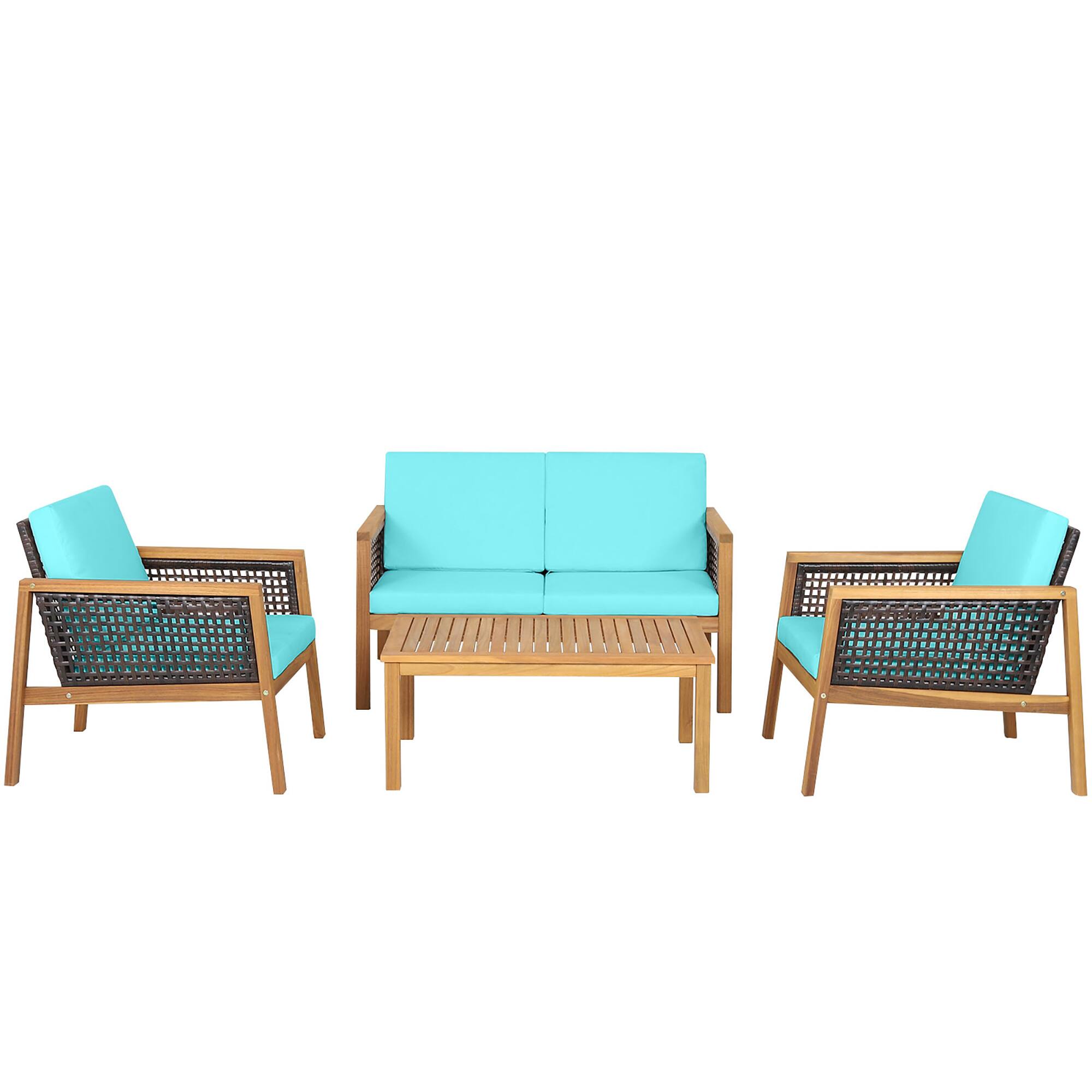 Alt View 3. Gymax - Gymax 4PCS Patio Acacia Wood Furniture Set PE Rattan Conversation Set w/ Turquoise Cushions - Turquoise.