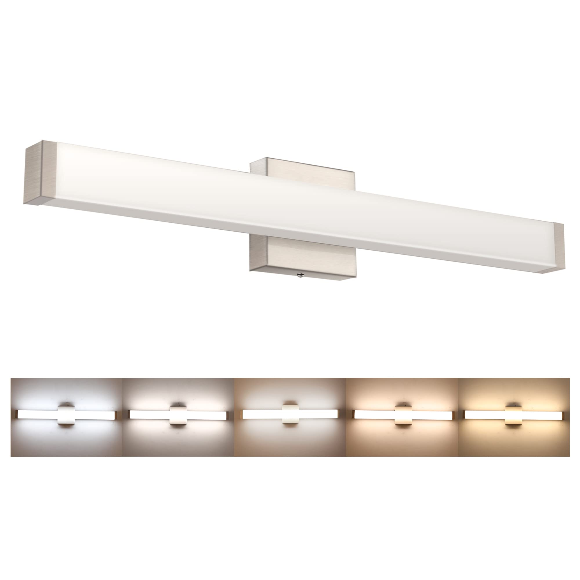 Front. PO3TICJUNKI3 - Bathroom Vanity Light Brushed Nickel Square Led Inch w k Wall Bar Lighting Fixtures Over Mirror - Brushed Nickel 24 inch 5CCTDimmable.