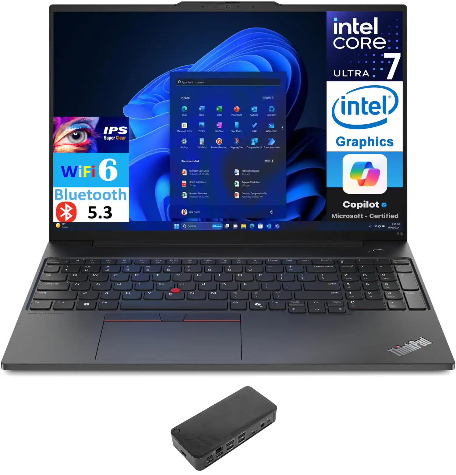 Sure, here is the corrected and grouped text from the image:

---

**IPS Super Clear**

**WiFi 6**

**Bluetooth 5.3**

**intel CORE ULTRA 7**

**intel Graphics**

**Copilot**

**Microsoft Certified**

**ThinkPad C906**

---

**16GB RAM**

**256GB SSD**

**14" Display**

**Intel Core Ultra 7**

**Intel Graphics**

**Microsoft Copilot**

**Microsoft Certified**

**WiFi 6**

**Bluetooth 5.3**

**IPS Super Clear Display**

**14"**

**16GB RAM**

**256GB SSD**

**Intel Core Ultra 7**

**Intel Graphics**

**Microsoft Copilot**

**Microsoft Certified**

**ThinkPad C906**

---

This text is grouped and corrected based on the visible elements in the image.