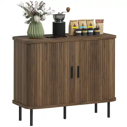 Front. Homcom - 35.4" Sideboard Buffet Cabinet with Storage, Nordic Coffee Bar Cabinet with Slatted Tambour Doors and Metal Legs - Walnut.