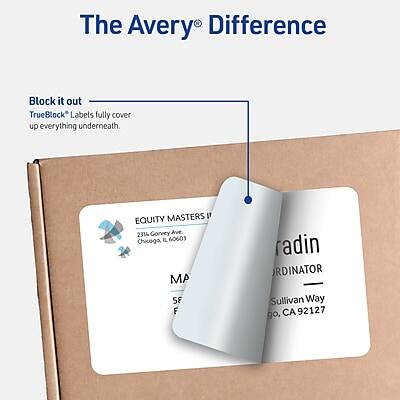 The Avery Difference

Block it out
TrueBlock™ Labels fully cover up everything underneath.

EQUITY MASTERS
2316 Corvey Ave
Chicago, IL 60603
MA 58

radin
COORDINATOR
Sullivan Way
San Diego, CA 92127