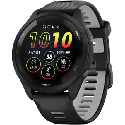 The text on the image reads: "1010 START 1010 STOP UP SAT 01 100% 38 + VO2 24 hr 52 DOWN BACK 25 RUN GARMIN."